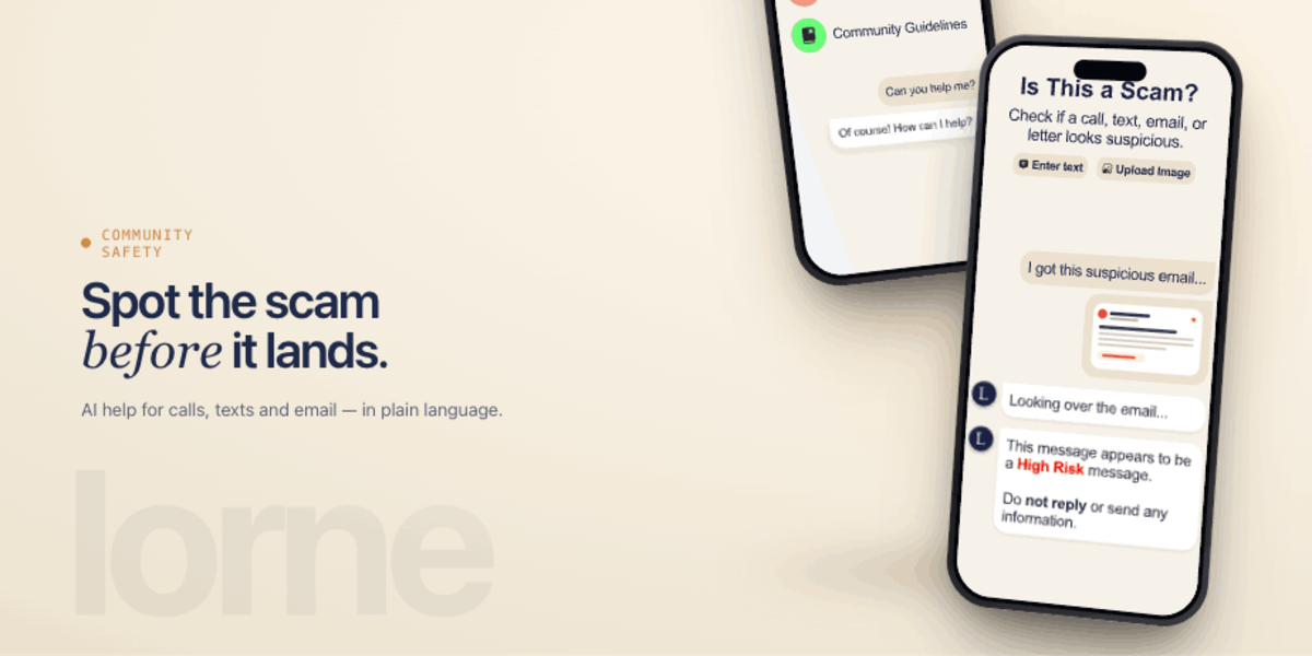 Lorne: an AI chat checking whether a message is a scam.