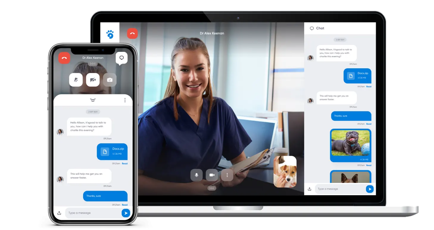 PawSquad: a live video vet consultation on a laptop and phone.