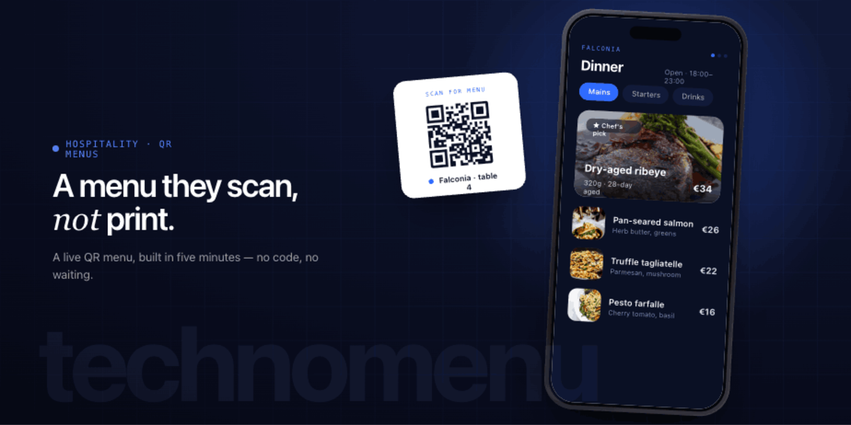TechnoMenu: a live digital restaurant menu built from a QR code.
